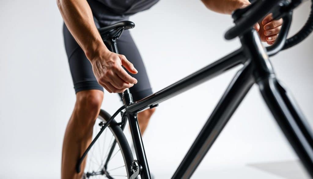 A bicycle saddle adjustment scene, captured in a well-lit, studio-like setting. In the foreground, a person's hands meticulously adjusting the height of a bicycle saddle using the "Fersenmethode" technique, where the rider's heel is used to set the optimal saddle height. The mid-ground showcases the bicycle frame in sharp focus, emphasizing the mechanical components. The background features a minimalist, clean backdrop, allowing the subject to take center stage. The overall mood is one of precision, attention to detail, and a step-by-step approach to properly setting up a bicycle saddle, as outlined in the section "Fahrradsattel richtig einstellen: Schritt-für-Schritt Anleitung".
