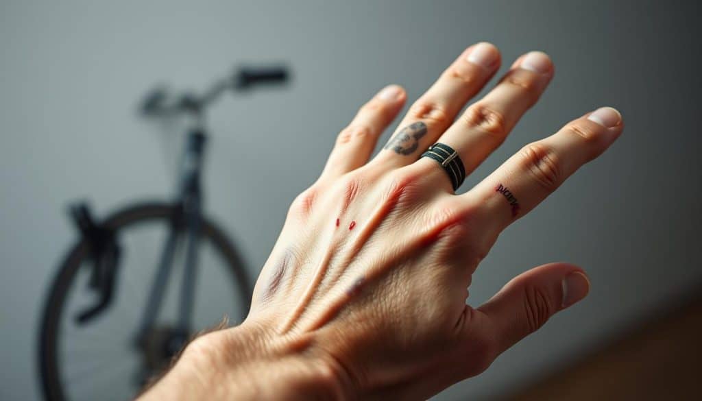 A detailed close-up view of a human hand showing various types of injuries commonly seen in bicycling accidents. The hand is positioned prominently in the foreground, with a neutral, slightly tilted camera angle to showcase the different cuts, scrapes, bruises, and contusions on the skin. The background is blurred and out of focus, allowing the viewer to concentrate on the hand's intricate details. The lighting is soft and diffused, creating a subtle chiaroscuro effect that highlights the textural elements of the damaged skin. The overall mood is clinical yet empathetic, conveying the severity and painful nature of such hand and wrist injuries sustained while cycling.