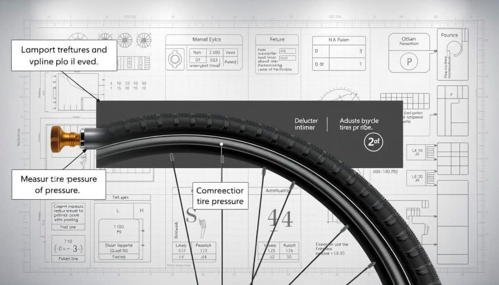 A detailed diagram showcasing the process of calculating bicycle tire pressure. Prominently displayed in the foreground is a high-resolution illustration of a bicycle tire with callouts pointing to the valve stem and tread pattern. In the middle ground, a series of step-by-step instructions explain how to measure the tire's current pressure and adjust it to the optimal psi level. The background features a clean, technical blueprint-style layout with relevant measurements, formulas, and conversion charts. Crisp, evenly distributed lighting illuminates the scene, and the overall tone is informative and instructional, guiding the viewer through the proper technique for maintaining correct bicycle tire inflation.