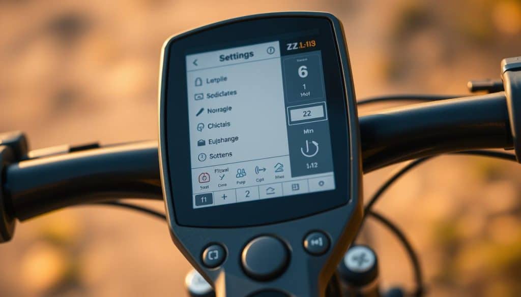 A detailed, high-resolution image of a bicycle computer display showing the settings menu. The display is illuminated with warm, natural lighting, creating a focus on the screen's interface. The foreground features the computer's housing, buttons, and dial controls, rendered with a clean, minimalistic design. The middle ground shows the display filled with various settings options, icons, and numerical readouts, conveying the depth and customizability of the device. The background blurs out, hinting at the bicycle frame or handlebars, establishing the context. The overall mood is one of functionality, precision, and user-friendliness, reflecting the importance of properly configuring the bicycle computer for an optimal riding experience.