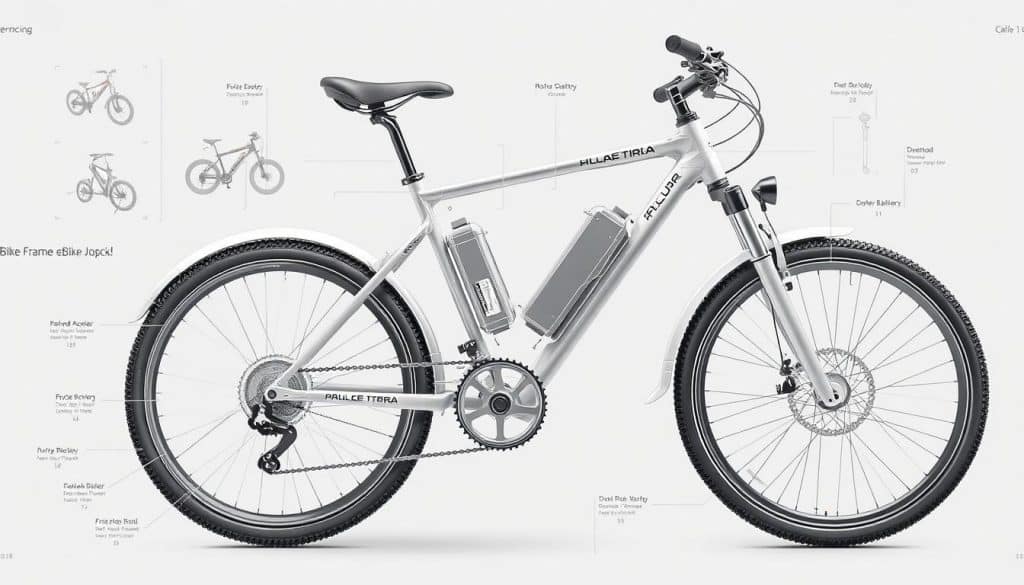 A detailed technical schematic diagram depicting the inner workings and key components of an electric bicycle, rendered in a clean, technical style with a focus on precise engineering and design. The image should showcase the frame geometry, motor, battery, and other critical e-bike systems in a clear, diagrammatic layout. The lighting should be bright and even, with a neutral color palette emphasizing the technical nature of the subject. The perspective should be slightly elevated to provide a comprehensive overview, with a close-up, detailed view of the frame and drivetrain in the foreground. The overall mood should convey a sense of precise engineering and thoughtful design, reflecting the care and attention required to find the perfect e-bike frame size.