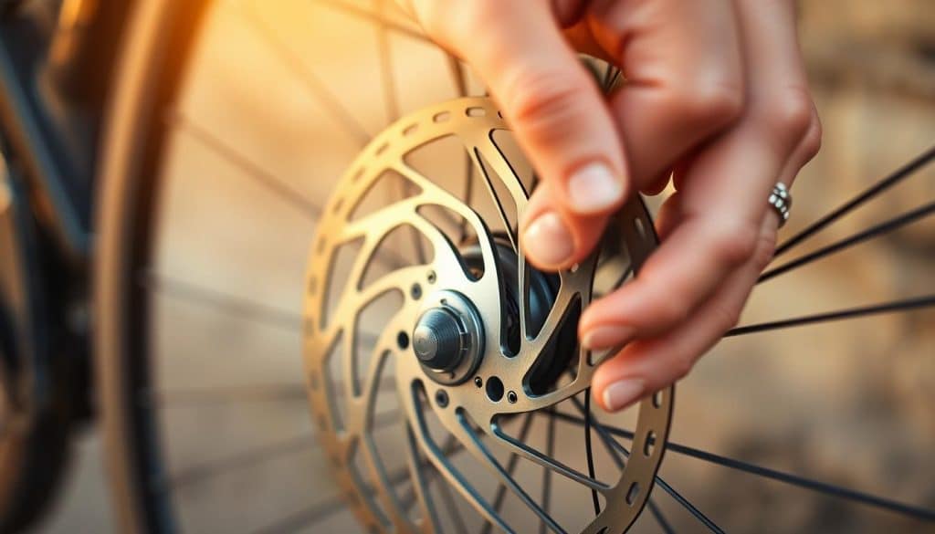 A detailed, up-close view of a person's hands adjusting and calibrating the disk brakes on a bicycle. The hands are expertly maneuvering the brake pads, calipers, and adjusting screws, demonstrating the step-by-step process of properly maintaining and fine-tuning bicycle brakes. The image is shot in warm, natural lighting, with a soft, shallow depth of field that isolates the hands and brakes against a blurred background, creating a clean, focused composition. The overall mood is one of expertise, care, and attention to detail, reflecting the instructions for properly setting up bicycle brakes.