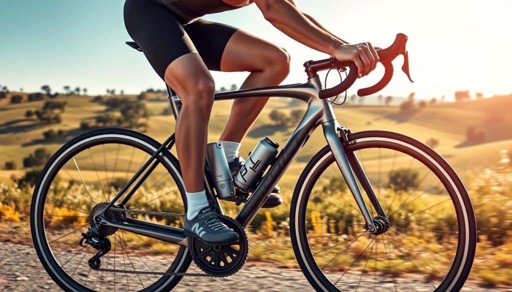 A dynamic cyclist pedals a sleek road bike through a scenic countryside landscape. The foreground features the cyclist's powerful legs and disciplined body form as they push the bike uphill. The middle ground showcases the bike's streamlined frame and well-engineered components. In the background, rolling hills dotted with trees and a bright, sun-dappled sky create a sense of natural tranquility. Crisp, directional lighting accentuates the cyclist's athletic physique and the bike's metallic finish, conveying a mood of focused determination and personal achievement. The overall scene embodies the concept of effective, results-driven cycling training for weight loss.