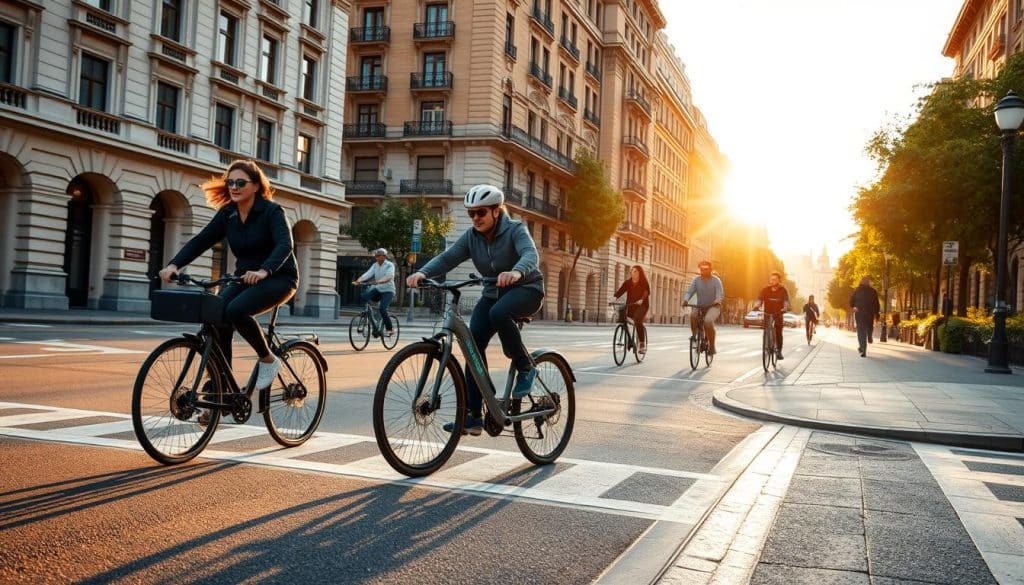 A dynamic urban landscape, bathed in the warm glow of the morning sun. In the foreground, an electric bicycle and an S-pedelec glide effortlessly along the bike lane, their riders commuting to work with an air of purpose and efficiency. The sleek, modern designs of the vehicles stand in contrast to the classic architecture lining the streets, creating a harmonious blend of old and new. In the middle ground, other cyclists and pedestrians move through the scene, their movements captured in a sense of purposeful motion. The background is dotted with lush greenery, hinting at the integration of nature within the urban environment. Soft shadows and highlights accentuate the dynamic interplay of light and form, elevating the scene to a realm of elevated elegance and technological prowess.