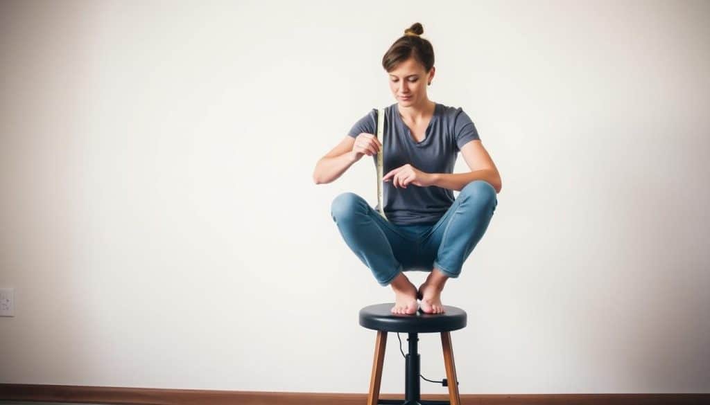 A person sitting on a stool, their legs spread apart, carefully measuring the distance between their sitting bones using a ruler or measuring tape. The person is wearing casual, comfortable clothing and has a focused, thoughtful expression as they ensure an accurate measurement. The background is a plain, neutral-colored wall or surface, allowing the subject to be the central focus. The lighting is soft and diffused, creating gentle shadows that accentuate the subject's form. The camera angle is slightly elevated, giving a clear view of the measuring process and the subject's posture. The image conveys a sense of purpose and attention to detail, reflecting the importance of finding the right saddle fit for a comfortable cycling experience.