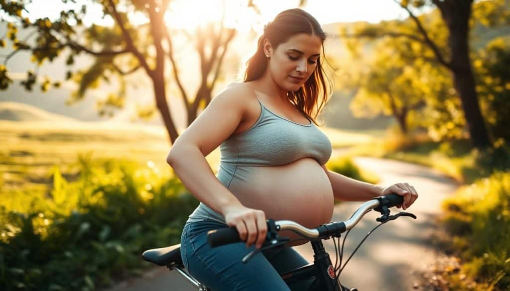 A pregnant woman gently rides a bicycle, her rounded belly cradled by the frame. Sunlight filters through the trees, casting a warm, golden glow on the scene. Her expression is one of peaceful concentration as she navigates the winding path, her movements graceful and unhurried. The background depicts a serene, lush landscape, with rolling hills and verdant foliage framing the cyclist. The camera angle is slightly elevated, capturing the tranquil, almost meditative nature of this late-stage pregnancy activity. The overall mood is one of harmony, as the woman's body and the bicycle's motion work in synchrony, highlighting the resilience and adaptability of the human form.