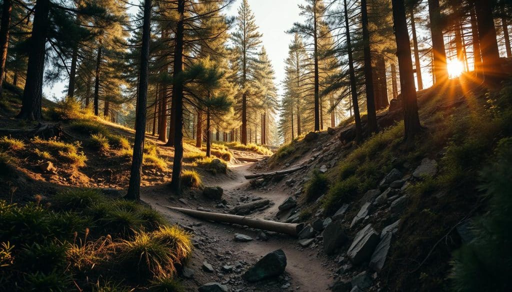 A rugged, rocky terrain with steep inclines and sharp turns, perfect for a full-suspension mountain bike. Towering pine trees and lush vegetation frame the scene, creating a sense of depth and immersion. Warm, golden sunlight filters through the canopy, casting dramatic shadows and highlights across the undulating landscape. The trail winds through the forest, challenging the rider with technical features like rock gardens and log crossings, demanding precise control and suspension performance. This is Fully Gelände, a terrain where a full-suspension mountain bike's versatility and capability truly shine.