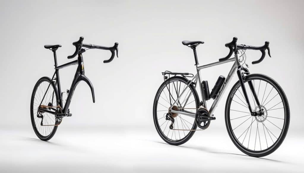 A sleek and dynamic image of a road bicycle and a gravel bicycle side by side, captured in a well-lit, high-contrast studio setting. The two bikes are positioned at a slight angle, allowing for a clear comparison of their distinct frames, components, and overall aesthetic. The foreground features the bikes in sharp focus, with a shallow depth of field that subtly blurs the background. The middle ground showcases the unique characteristics of each bicycle - the lightweight, aerodynamic design of the road bike juxtaposed with the rugged, adventure-ready gravel bike. The background is a clean, minimalist environment, allowing the bicycles to be the sole focus of the image, conveying a sense of thoughtful comparison and contrast.