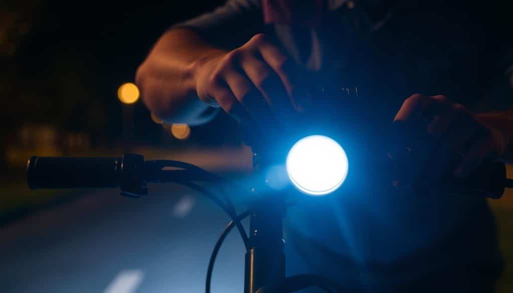 A technician adjusting the bicycle headlight with precise, focused movements. The light's beam projects a wide, even pattern on the road ahead, creating a safe and reliable illumination. The scene is set against a dark, night-time background, with subtle ambient lighting casting a warm, moody atmosphere. The camera angle is slightly elevated, capturing the careful adjustments being made to the headlight's positioning and angle, showcasing the technical process of achieving optimal bicycle lighting.