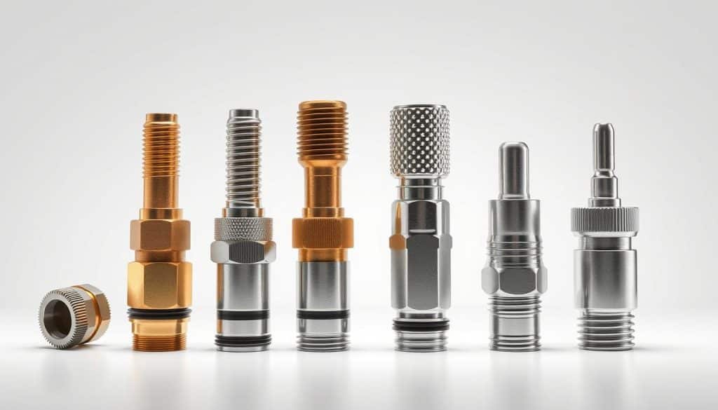 A well-lit, highly detailed illustration of different bicycle valve types, including Presta, Schrader, and Woods valves, showcased in a technical, anatomical style. The valves are presented in the foreground against a clean, neutral background, with a sense of depth and scale to highlight their distinct features and mechanisms. The lighting is crisp and evenly distributed, accentuating the intricate textures and metallic finishes of the valve components. The overall composition conveys a clear, informative, and visually engaging representation of the various ventilarten, or valve types, commonly found on bicycles.